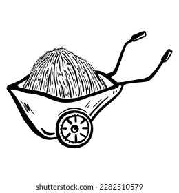 Haystack on a wheelbarrow. Doodle vector illustration. Garden wheelbarrow with hay. A gardener's tool, a metal wheelbarrow for carrying something. Isolated on white background. 