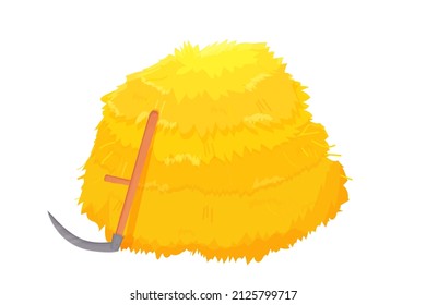 Haystack, pile of dry wheat with scythe in cartoon style isolated on white background. Farming, harvest .