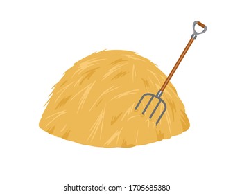 Hystack und Pitchgabel einzeln auf weißem Hintergrund. Stockillustration für Vektorillustrationen in Cartoon im einfachen Flachstil.