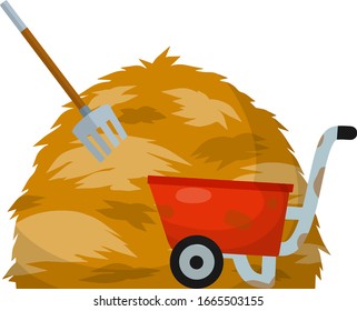 Haystack, red wheelbarrow, pitchfork. Tool for harvesting. Rural landscape. Organic food. Sheaf of wheat. Cartoon flat illustration