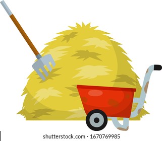 Haystack, red wheelbarrow, pitchfork. Tool for harvesting. Rural landscape. Organic food. Sheaf of wheat. Cartoon flat illustration