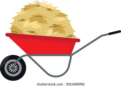 Haystack, red wheelbarrow, pitchfork. Tool for harvesting.