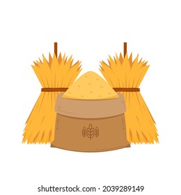 Haystack and Rice sack vector. Haystack on white background. Wheat straw.