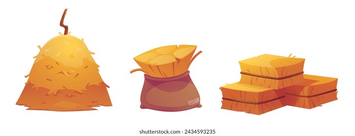 Haystack set isolated on white background. Vector cartoon illustration of straw bale, pile of hay, dry grass packed in rope tied sack, rural barn design element, farm animal fodder, harvest season