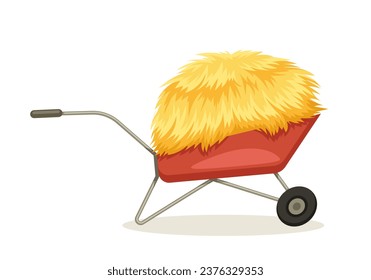 Haystack yellow concept. Agriculture and farming. Harvest and crop in red wheelbarrow. Rye and dry grass, heap of wheat. Cartoon flat vector illustration isdolated on white background