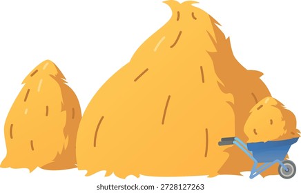 Pilas de paja y Vector de Carrito ilustración plana. Hoystack de dibujos animados, paja dorada seca en carro de metal. Paca de heno, paja y granero. Pastos forrajeros agrícolas aislados. Cultivo rural de alimentación de otoño