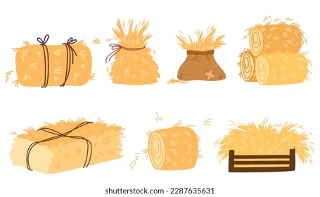 Haystacks collection. Flat yellow haystacks, round balls of wheat straw for feeding farm. Bales and stacks of hay. Farming, agriculture, countryside concept. Vector cartoon illustration