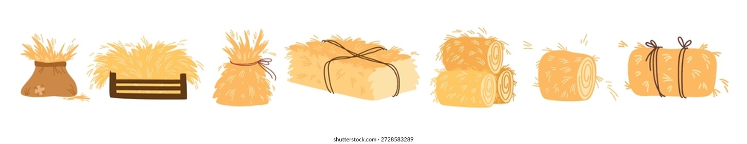 Coleção Haystacks. Palheiros amarelos planos, bolas redondas de palha de trigo para alimentar a fazenda. Fardos e pilhas de feno. Agricultura, agricultura, conceito de campo. Ilustração de desenho animado vetorial