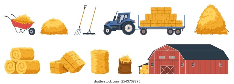 Haystacks and farm tools. Agricultural elements, golden straw heaps, rolls and blocks, barn for storing straw, tractor and barn, nowaday vector cartoon flat style isolated livestock set