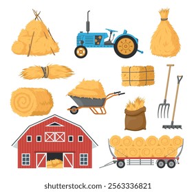 Haystacks and farm tools agriculture agrarian element set isometric vector illustration. Agrarian rural farming barn tractor pitchfork rake hay on trolley farmhouse cultivation