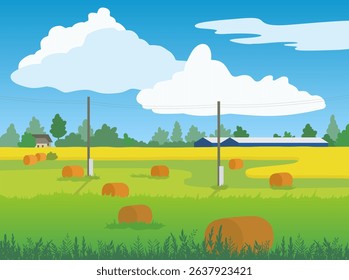 Haystacks in the field rural scenery. Agriculture farmland peaceful environment. Summer countryside tourism. Beautiful nature landscape rustic view. Clouds in blue sky background. Vector illustration.