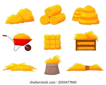 Haystacks. Harvest haystack straw, natural hay. Autumn agriculture, farm harvesting and wheat pile in wooden box. Isolated hayloft recent vector set