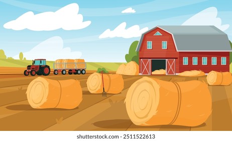 Haystacks landscape. Cartoon farming field background with yellow straw rolls. Barn and tractor. Harvesting of livestock feed. Dry grass. Countryside panorama. Haymaking