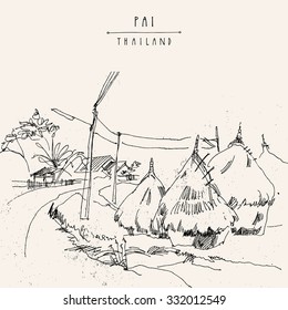 Haystacks in Pai valley, Northern Thailand. Black and white hand drawn vintage artistic postcard template. Vector illustration