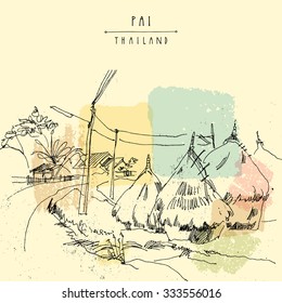 Haystacks in Pai valley, Northern Thailand. Colorful hand drawn vintage artistic postcard template. Vector illustration