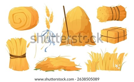 Haystacks set in flat cartoon design. Collection isolated elements of round, square and rolling shapes of hay stacks, straw heaps with pitchfork, ears, wheat or rye dry crop. Vector illustration.