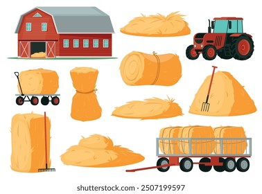 Haystacks and tools. Farm hayloft elements. Harvester machinery and buildings. Hay racks and blocks. Livestock feed. Dry grass bundles and piles. Farming tractors