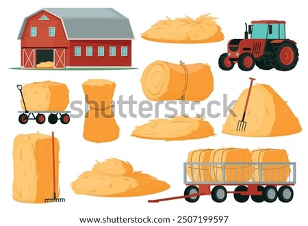 Haystacks and tools. Farm hayloft elements. Harvester machinery and buildings. Hay racks and blocks. Livestock feed. Dry grass bundles and piles. Farming tractors