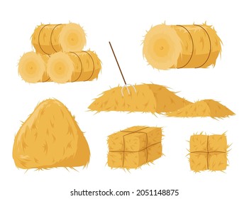 Haystacks of various shapes. Golden tied stacks of grass laid on top of each other compact hayloft after harvesting grain preparation for feeding vector cattle