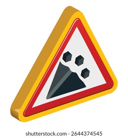 Hazard ahead warning sign for falling rocks and debris on mountain roads for driver safety alert