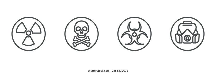 Hazard and Air Pollution icons. Set of toxic, biohazard, radioactive, respirator gas mask symbols. Perfect for environmental safety, contamination, and industrial design.