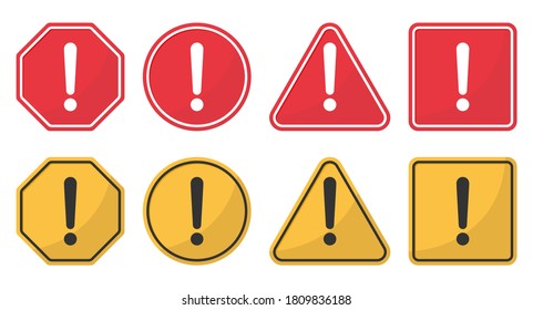 Hazard attention sign set. Collection yellow and red of signs with with exclamation mark in circle, triangle, square and polygon shapes. Vector.