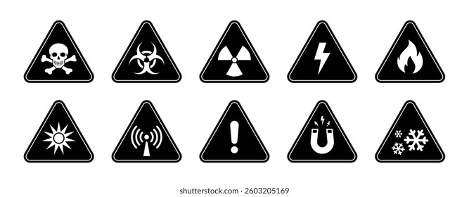Hazard, caution, danger and alert icons set in black and white triangle. Triangular warning hazard set. Black and white triangle warning safety and caution signs. Vector art