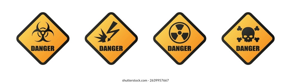 Hazard caution on signs flat black and yellow icon set.