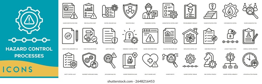 Conjunto de ícone Processos de Controle de Risco. Formulário de Identificação de Riscos, Gráfico de Avaliação de Riscos, Plano de Medida de Controle, Escudo contra Radiação, Controle de Engenharia e Folha de Controle Administrativo