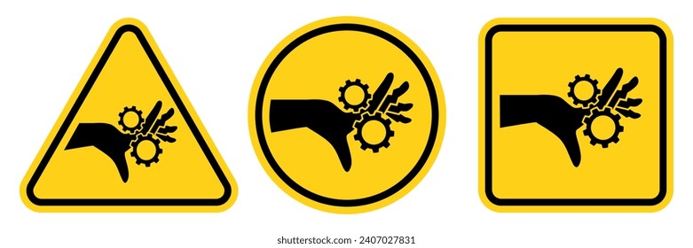 Hazard Zerkleinern der Hände Maschinenbedienung signiert automatisch Vektordesign einzeln auf weißem Hintergrund.