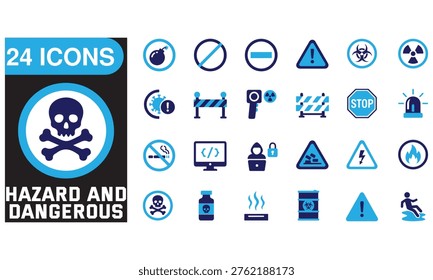  hazard and danger icons. Features blue symbols for biohazard, radiation, toxic waste, skull and crossbones, fire, electricity, and warning signs. Perfect for safety manuals, industrial designs, and security apps.