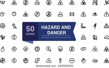 Hazard and danger icons set. Web and UI icons pack. Pixel perfect, minimalistic outline icons collection. Editable vector illustration.