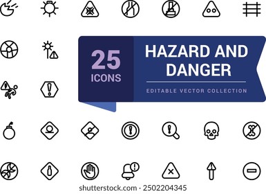 Hazard and danger icons set. Web and UI icons pack. Pixel perfect, minimalistic outline icons collection. Editable vector illustration.