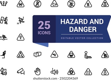 Hazard and danger icons set. Web and UI icons pack. Pixel perfect, minimalistic outline icons collection. Editable vector illustration.