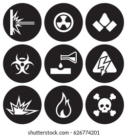 Hazard and danger icons set. White on a black background