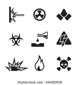hazard and danger icons: small, black on a white background