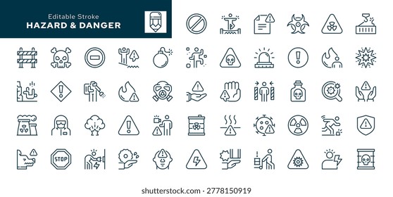 Hazard and danger outline icons set. Warning, risk, traumatic, life-threatening, toxic, radioactive, radiation, attention. Line icon in linear style. Vector collection	