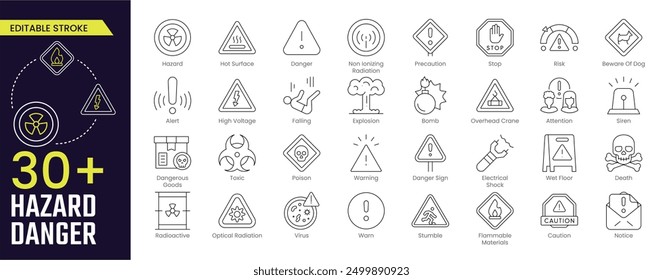Hazard Danger Stroke icon collections. Containing Hazard, Warning, Danger, Precaution, Stop, Risk, Attention, Alert, Virus and Caution icons. Editable Stroke icon collection Outline icon
