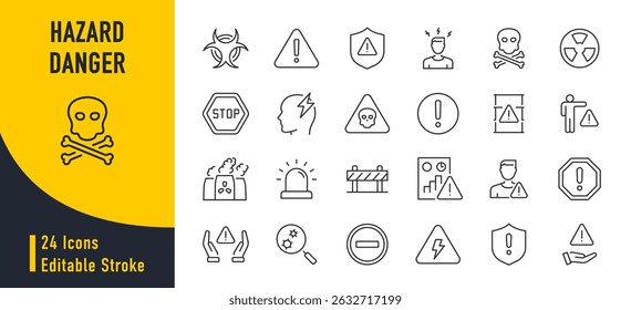 Peligro Iconos web de peligro en estilo de línea. Riesgo, colección tóxica, explosiva, inflamable. Ilustración vectorial.