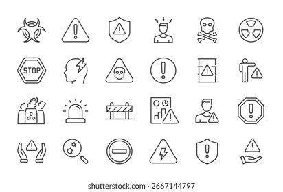 Hazard Danger Web-Symbole im Linienstil. Gefährliche, giftige, explosive, entzündliche Sammlung. Vektorgrafik.