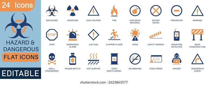 Hazard and Dangerous Icons - A set of flat icons featuring warning, risk, toxic, and radioactive symbols. Includes radiation, emergency, safety, and more. Clean design for web use.