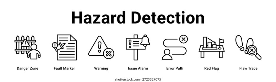 Ilustração de vetor de ícone de banner da Web de detecção de perigos para empresas com ícone de Zona de perigo, Marcador de falha, Aviso, Alarme de problema, Caminho de erro, Sinalizador vermelho.