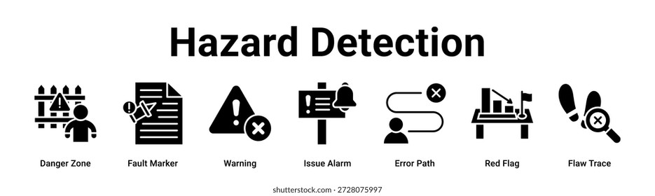 Ilustração de vetor de ícone de banner da Web de detecção de perigos para empresas com ícone de Zona de perigo, Marcador de falha, Aviso, Alarme de problema, Caminho de erro, Sinalizador vermelho.