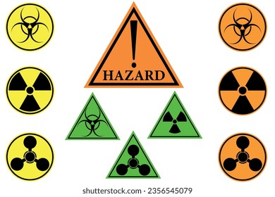 Hazard. Different vector danger signs. Radiation sign, biohazard sign, toxicity sign.Vector illustration.