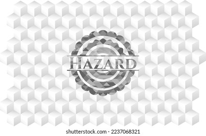 Emblema gris peligroso. Retro con fondo blanco cubo geométrico. 