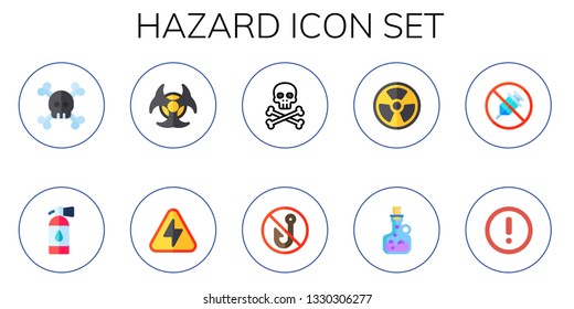 hazard icon set. 10 flat hazard icons.  Simple modern icons about  - danger, fire extinguisher, biohazard, high voltage, no fishing, radioactive, poison, no drugs, exclamation mark