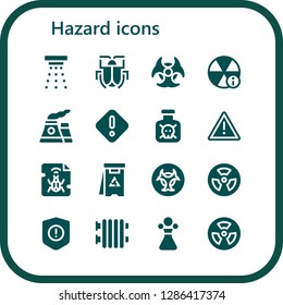  hazard icon set. 16 filled hazard icons. Simple modern icons about  - Smoke detector, Malware, Biohazard, Alert, Nuclear, Danger, Toxic, Warning, Radiation, Radiator, Poison