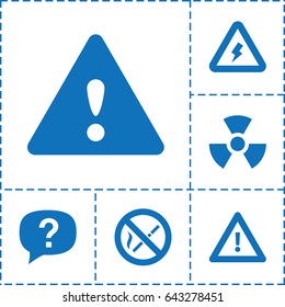 Hazard icon. set of 6 hazard filled icons such as warning, voltage warning, no smoking, radiation