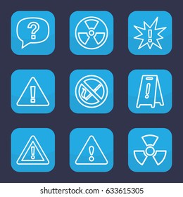 Hazard icon. set of 9 outline hazard icons such as wet floor, warning, radiation, no smoking