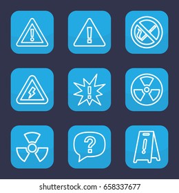 Hazard icon. set of 9 outline hazard icons such as wet floor, warning, voltage warning, radiation, no smoking